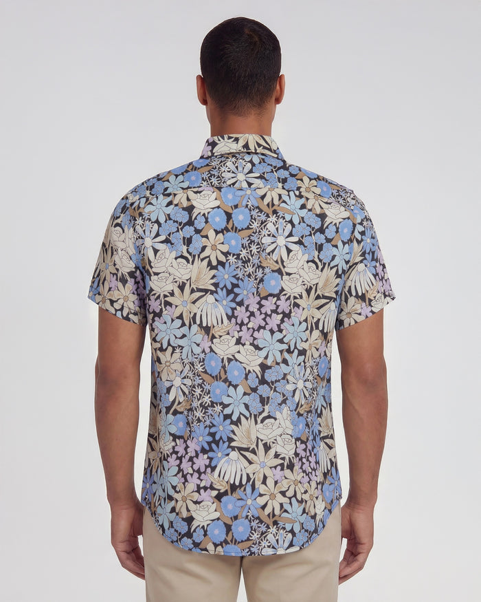 LANDON ROUGH FLORAL LINEN SHIRT - BLACK