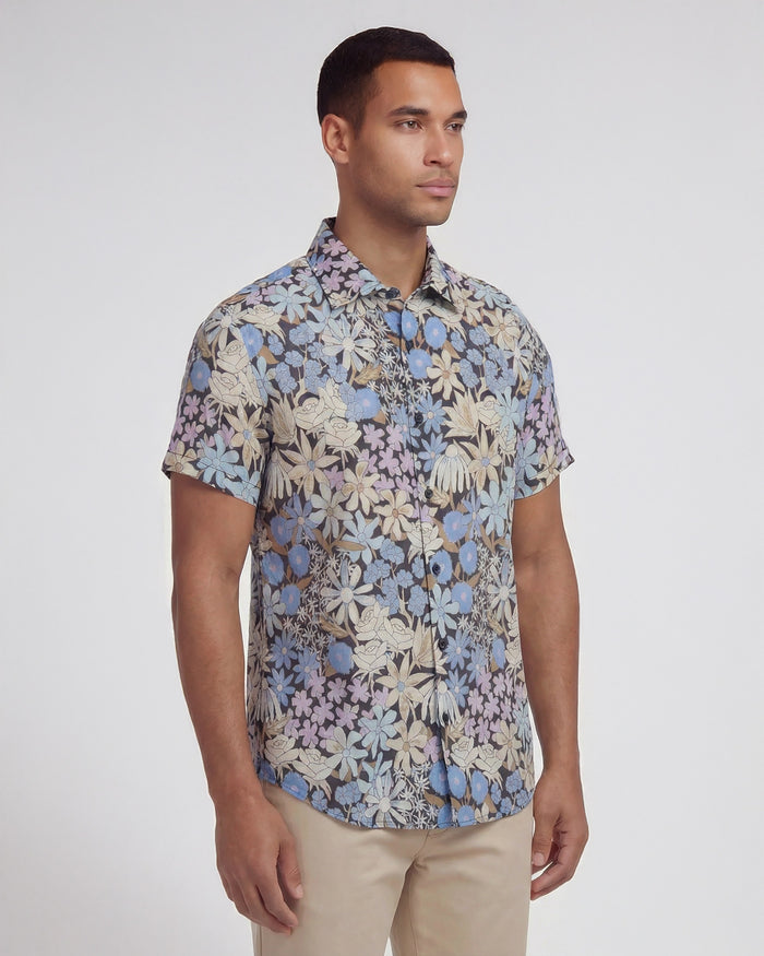 LANDON ROUGH FLORAL LINEN SHIRT - BLACK