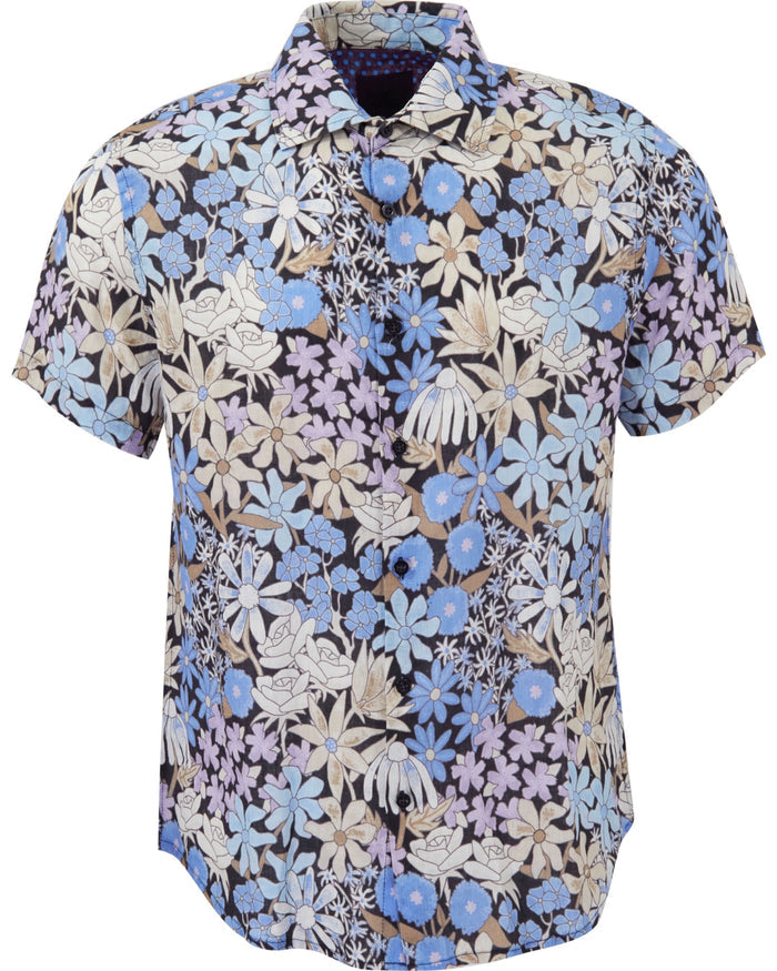 LANDON ROUGH FLORAL LINEN SHIRT - BLACK