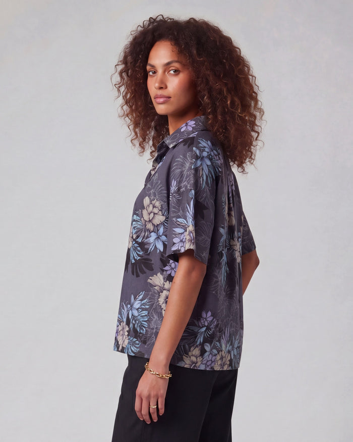 LARA EXOTIC FLORAL BLACK WOMEN'S RELAXED LINEN SHIRT