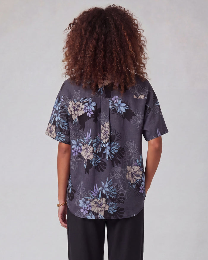 LARA EXOTIC FLORAL BLACK WOMEN'S RELAXED LINEN SHIRT