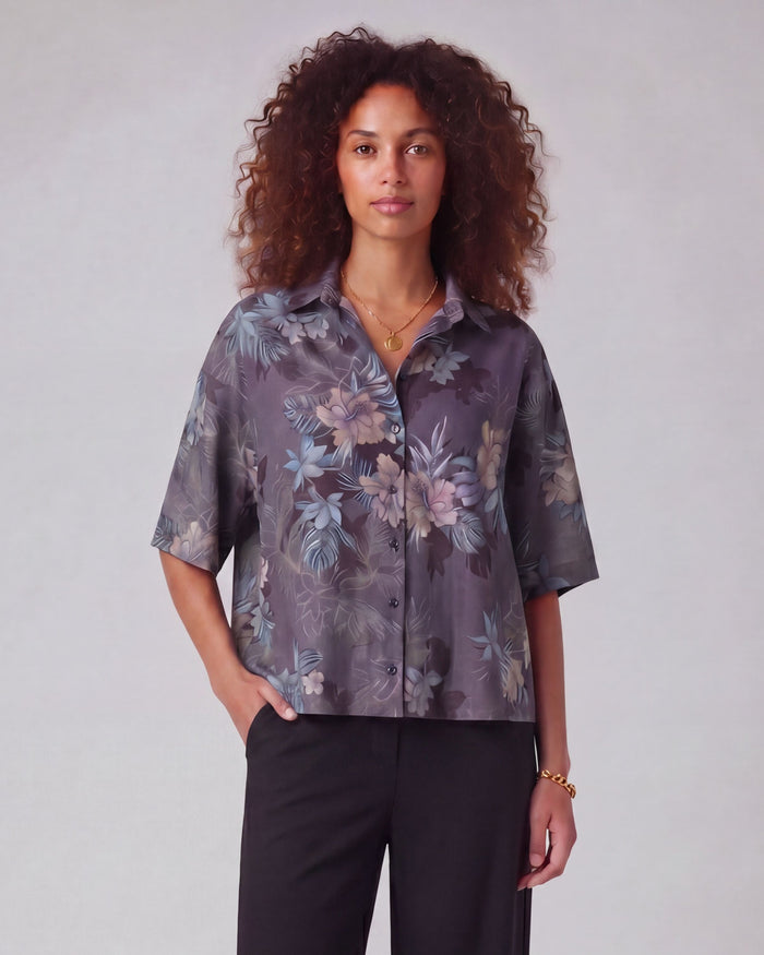LARA EXOTIC FLORAL BLACK WOMEN'S RELAXED LINEN SHIRT
