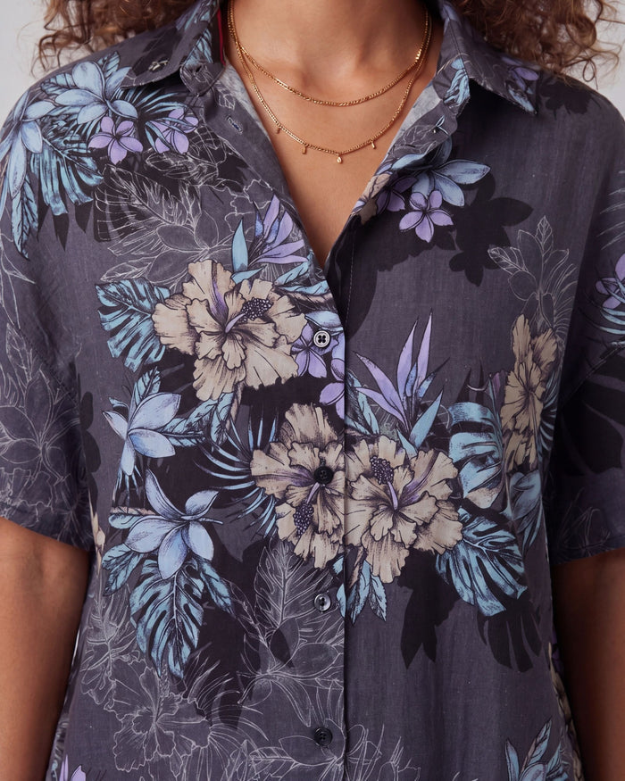LARA EXOTIC FLORAL BLACK WOMEN'S RELAXED LINEN SHIRT