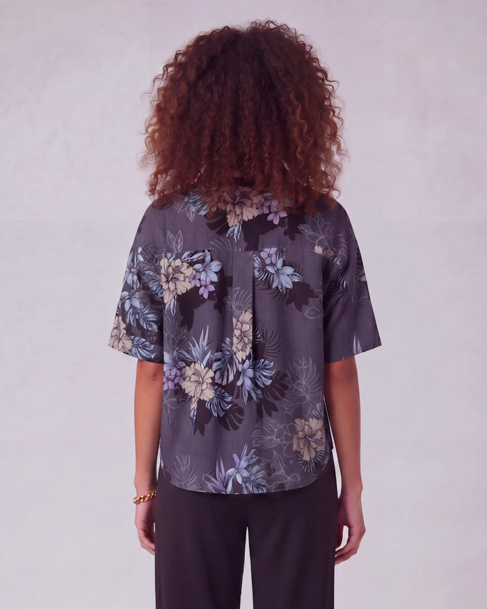 LARA EXOTIC FLORAL BLACK WOMEN'S RELAXED LINEN SHIRT