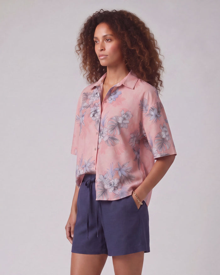 LARA EXOTIC FLORAL CORAL WOMENS RELAXED LINEN SHIRT