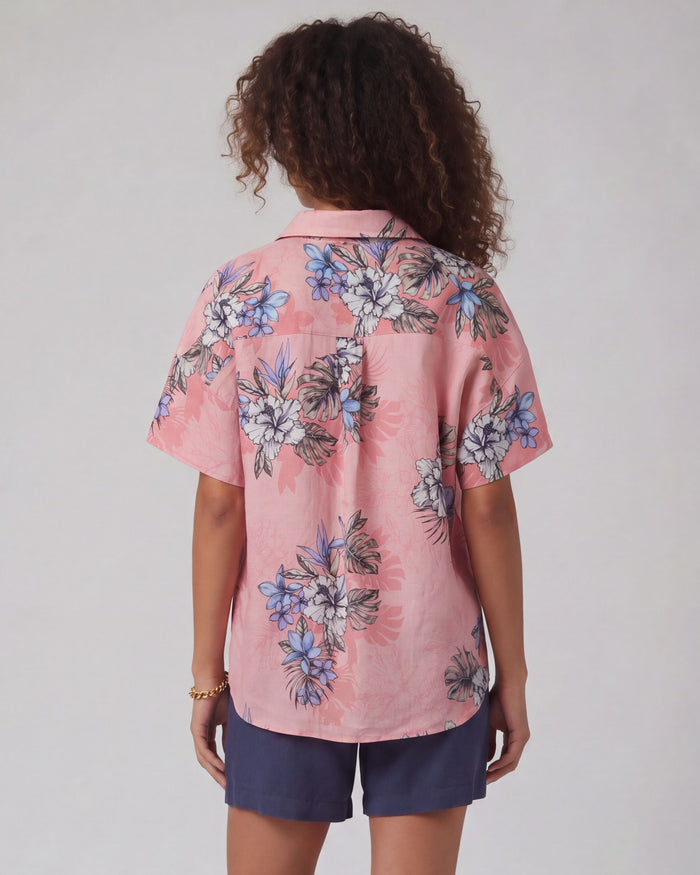 LARA EXOTIC FLORAL CORAL WOMENS RELAXED LINEN SHIRT