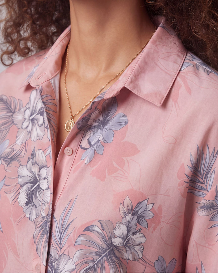 LARA EXOTIC FLORAL CORAL WOMENS RELAXED LINEN SHIRT