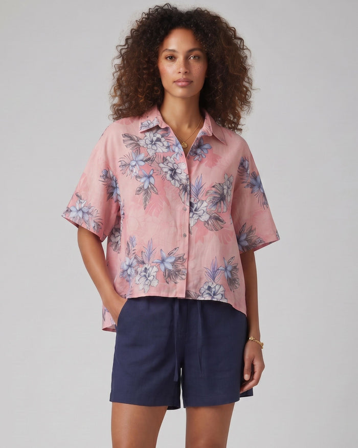 LARA EXOTIC FLORAL CORAL WOMENS RELAXED LINEN SHIRT