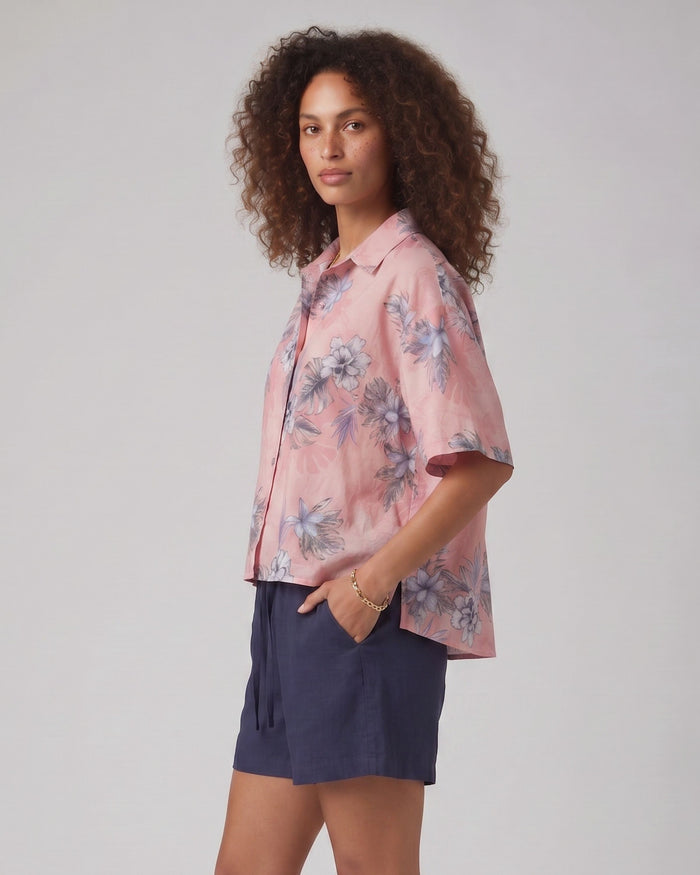 LARA EXOTIC FLORAL CORAL WOMENS RELAXED LINEN SHIRT