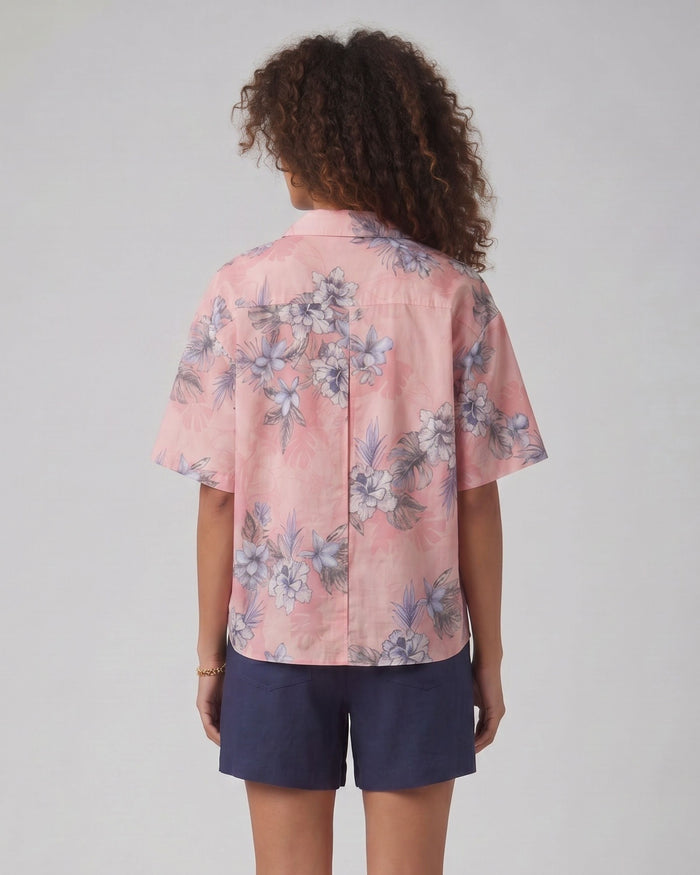 LARA EXOTIC FLORAL CORAL WOMENS RELAXED LINEN SHIRT