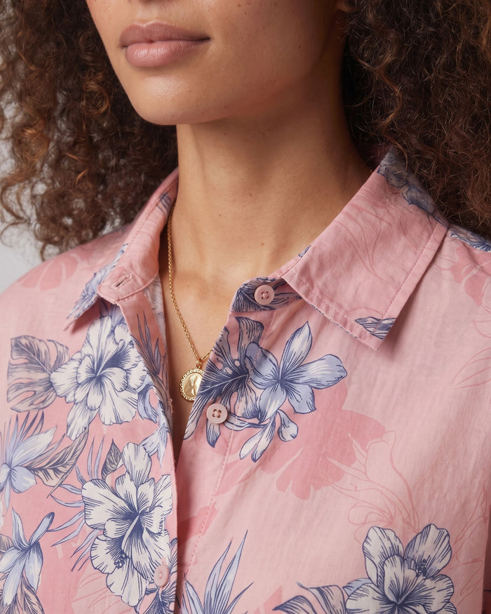 LARA EXOTIC FLORAL CORAL WOMENS RELAXED LINEN SHIRT