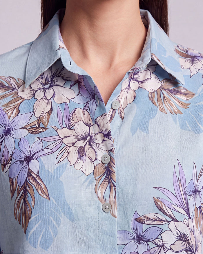 LARA EXOTIC FLORAL TEAL WOMENS RELAXED LINEN SHIRT