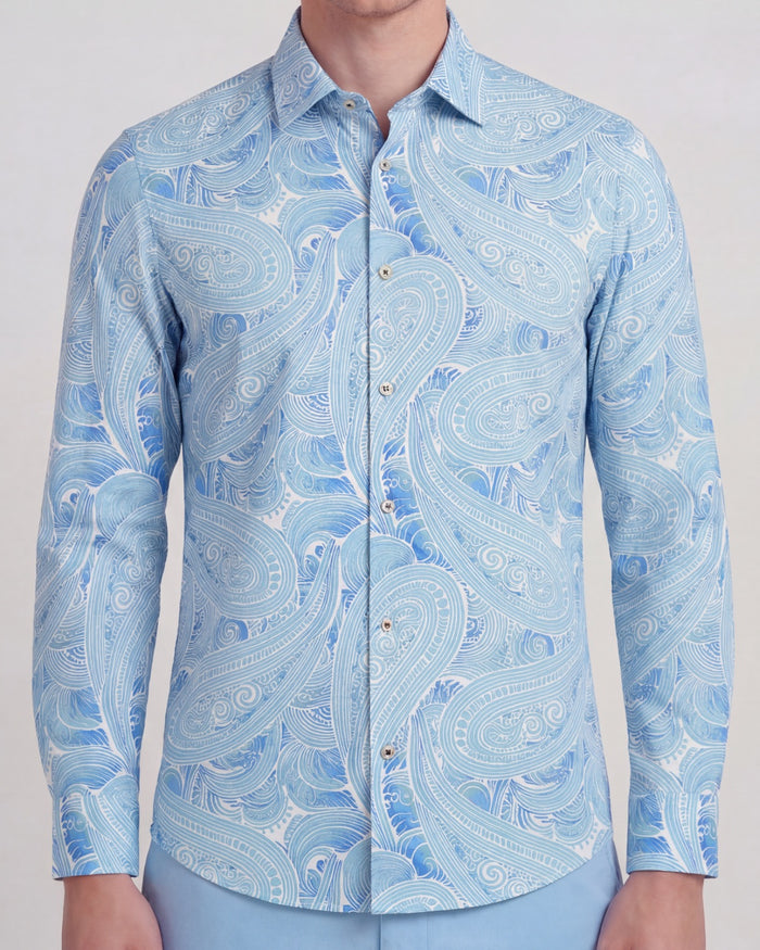 LAURENT MARAKESH PAISLEY TEAL MENS LINEN PRINTED SHIRT