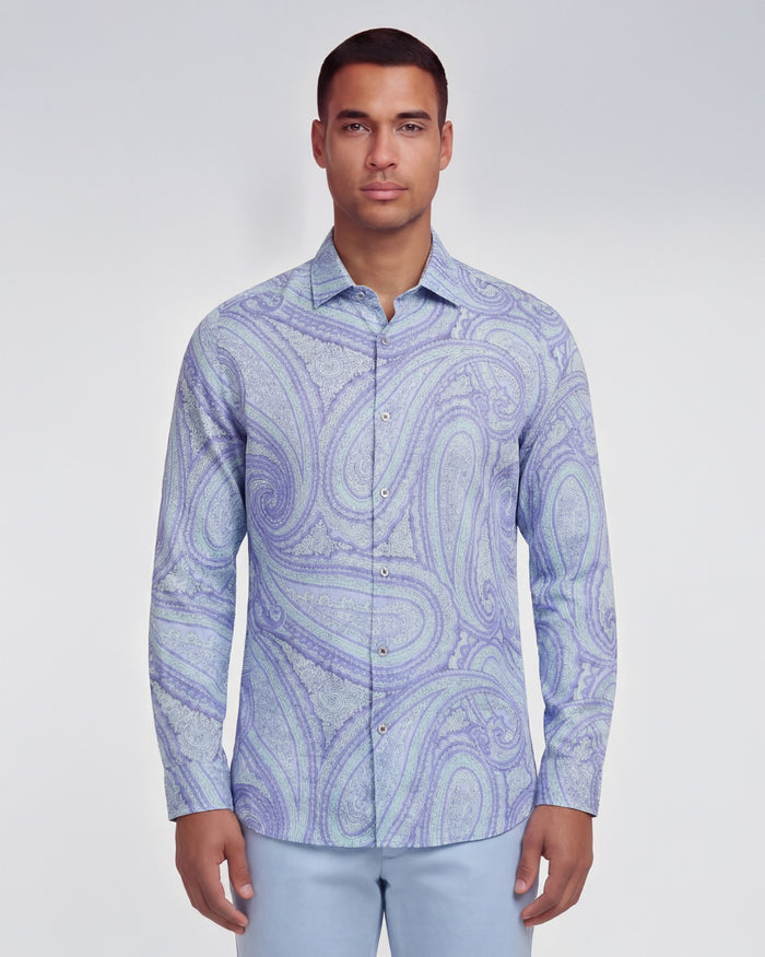 LAURENT WILD PAISLEY OXFORD LINEN SHIRT - BLUE