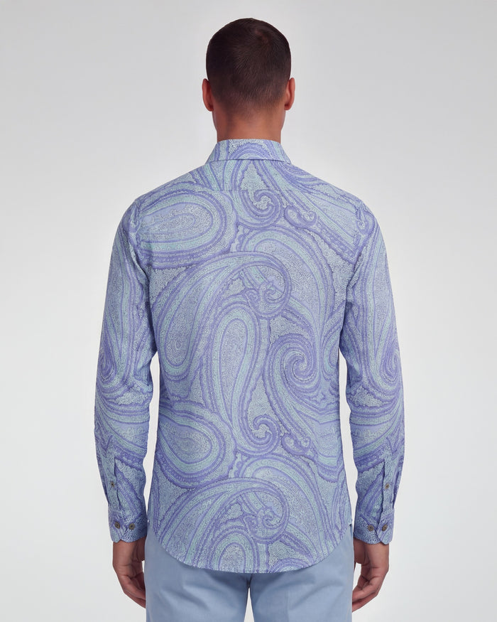 LAURENT WILD PAISLEY OXFORD LINEN SHIRT - BLUE