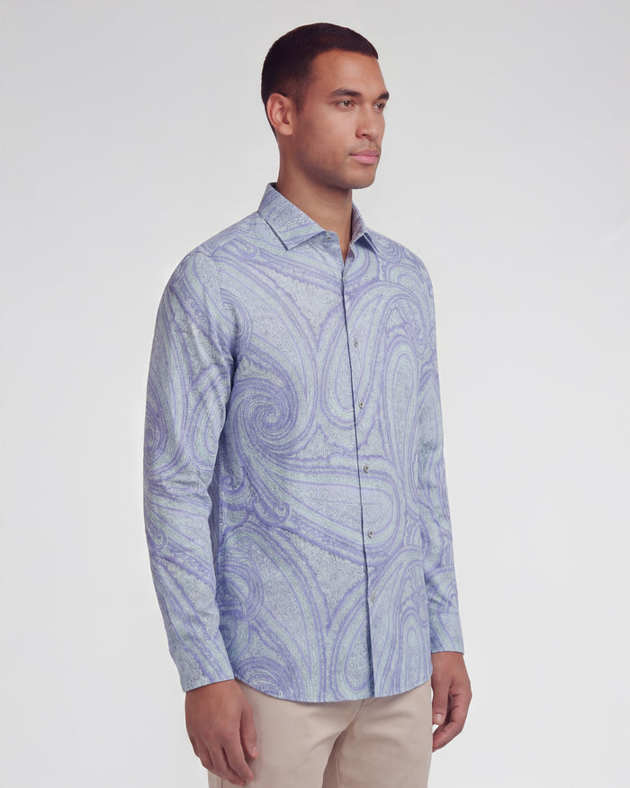 LAURENT WILD PAISLEY OXFORD LINEN SHIRT - BLUE