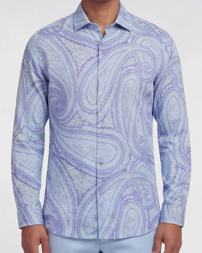LAURENT WILD PAISLEY OXFORD LINEN SHIRT - BLUE