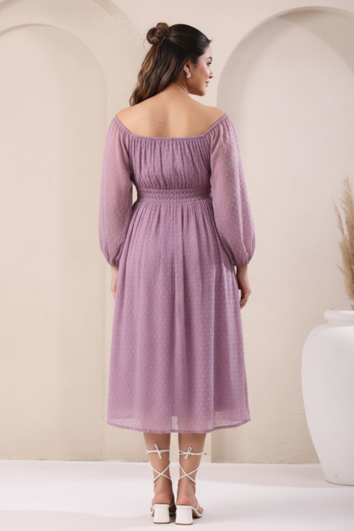 Lavender off-shoulder dress back view showing smocked waist and flowing skirt