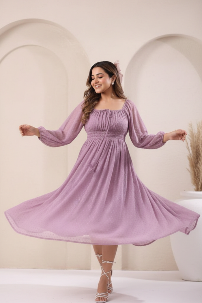 Lavender off-shoulder dress showing flare and movement - flowing midi skirt