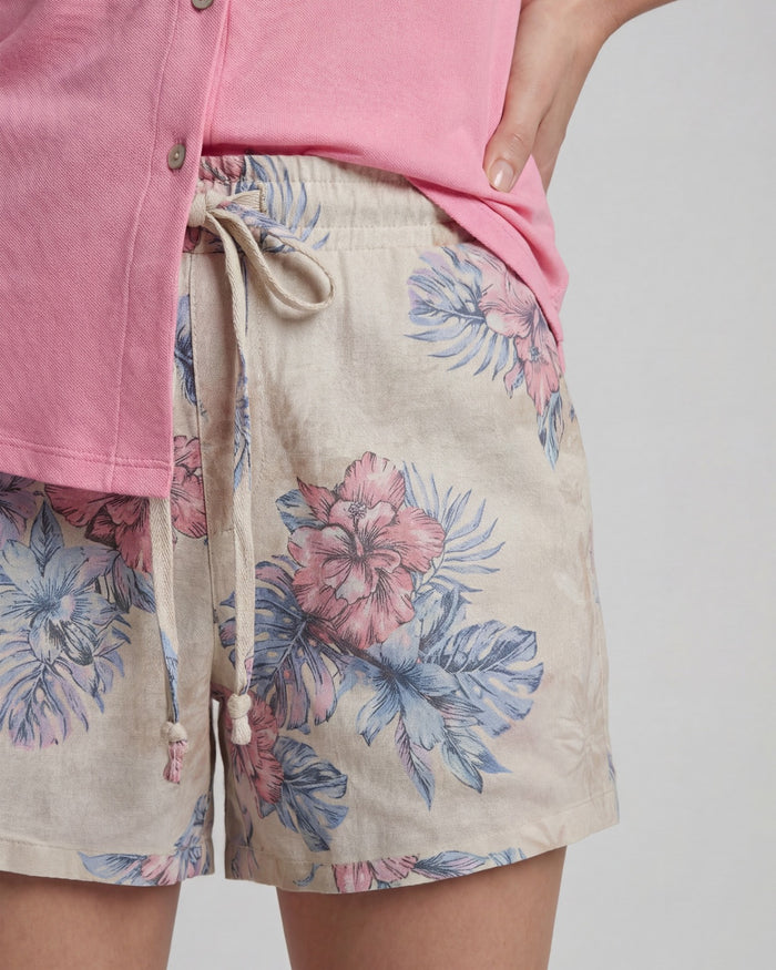 LEANNE EXOTIC FLORAL NATURAL WOMENS DRAWSTRING LINEN SHORT