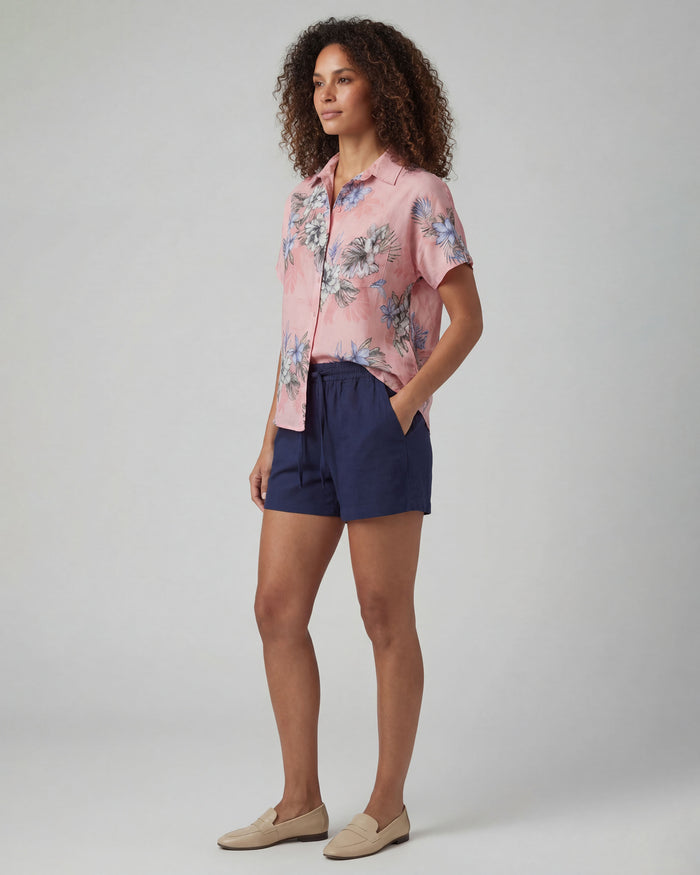 LEANNE NAVY WOMENS DRAWSTRING LINEN SHORT