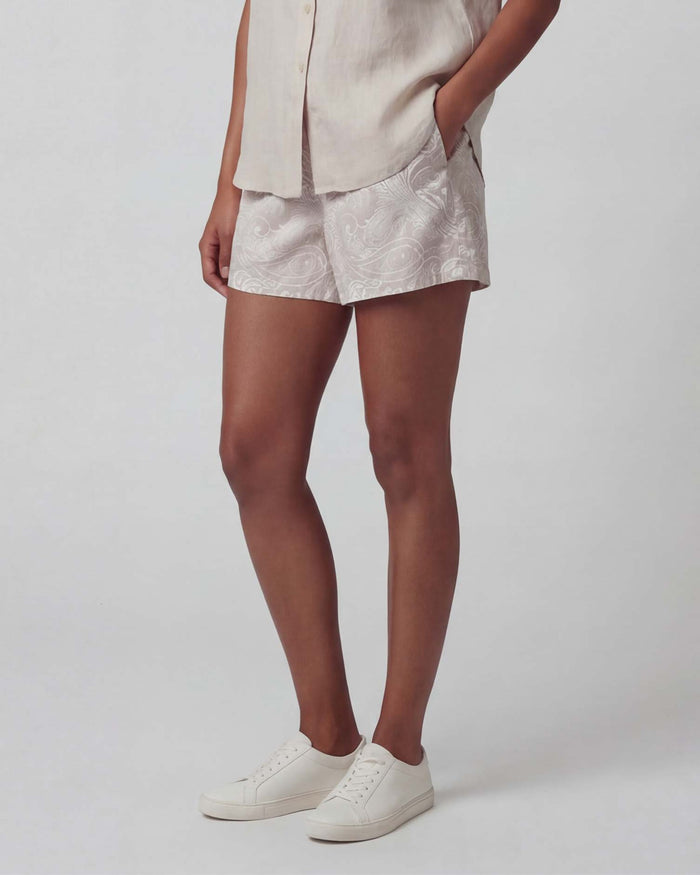 LEANNE PAISLEY EXPLOSION IVORY WOMENS DRAWSTRING LINEN SHORT