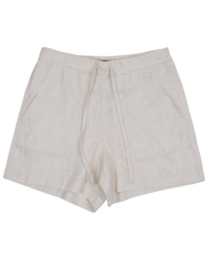 LEANNE PAISLEY EXPLOSION IVORY WOMENS DRAWSTRING LINEN SHORT