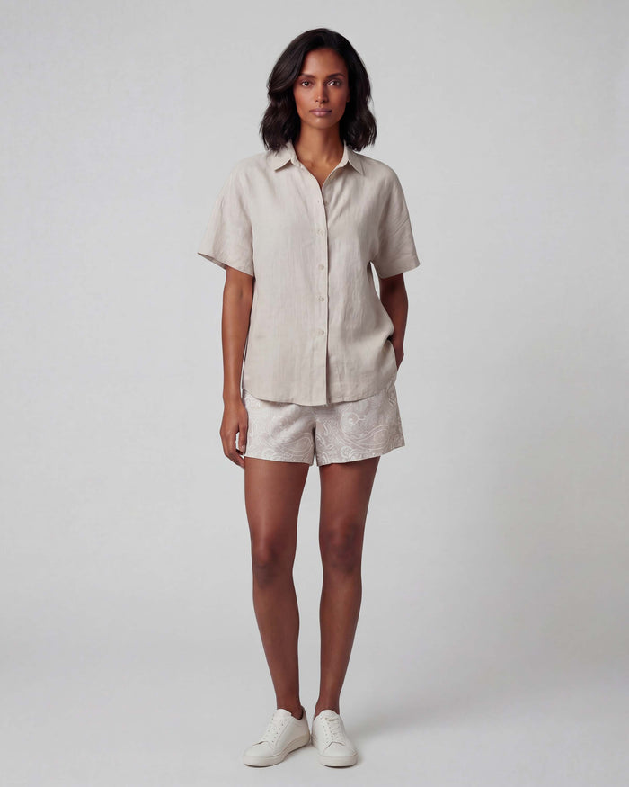 LEANNE PAISLEY EXPLOSION IVORY WOMENS DRAWSTRING LINEN SHORT
