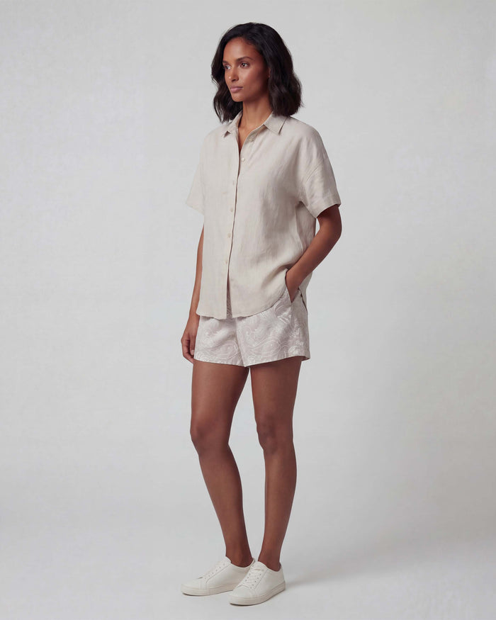 LEANNE PAISLEY EXPLOSION IVORY WOMENS DRAWSTRING LINEN SHORT