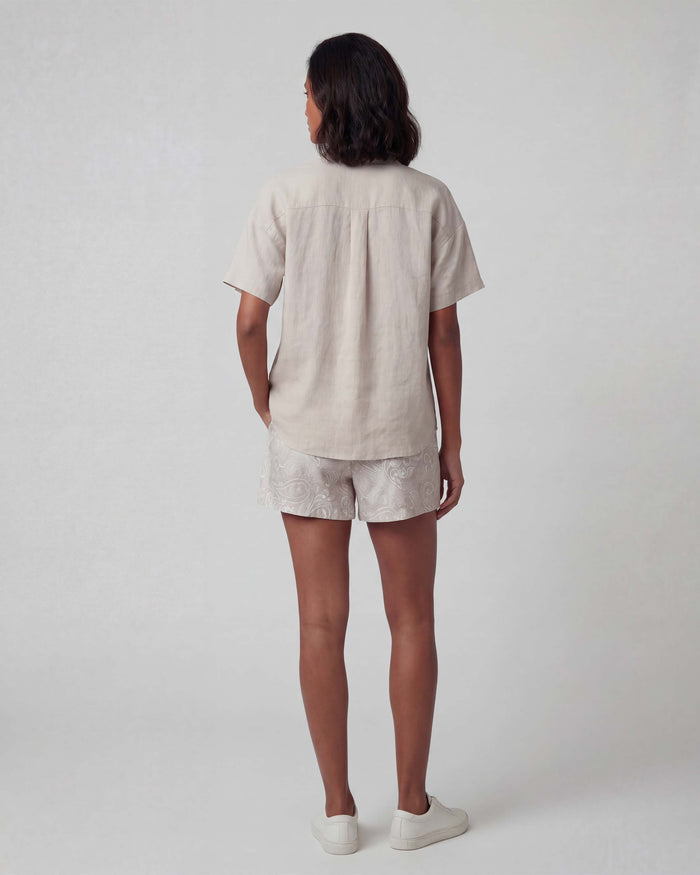 LEANNE PAISLEY EXPLOSION IVORY WOMENS DRAWSTRING LINEN SHORT