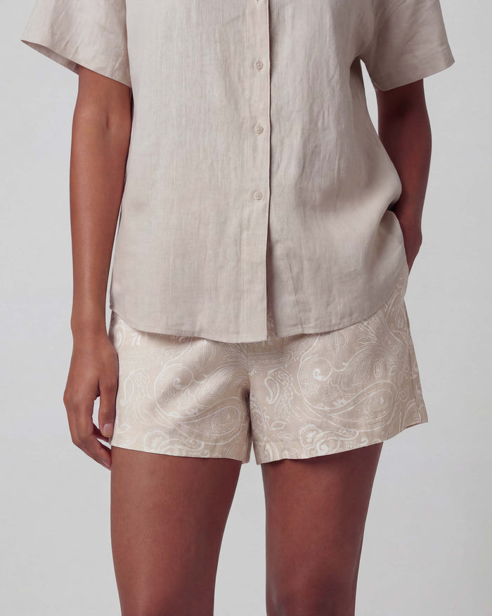 LEANNE PAISLEY EXPLOSION IVORY WOMENS DRAWSTRING LINEN SHORT