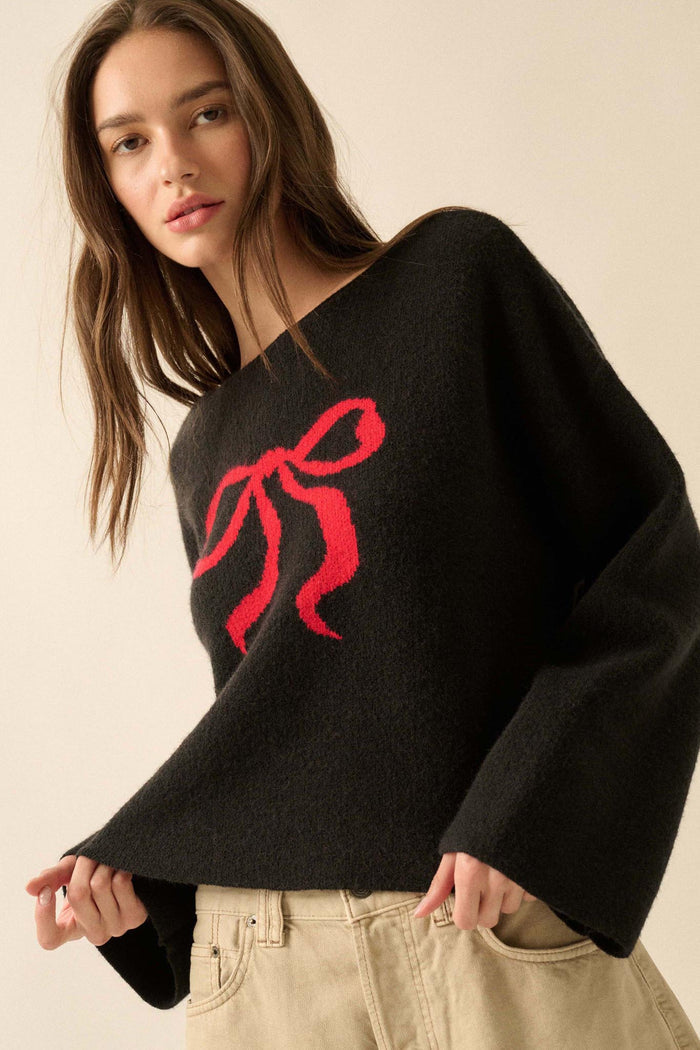 Let It Bow Exposed-Seam Bow Jacquard Knit Sweater - ShopPromesa