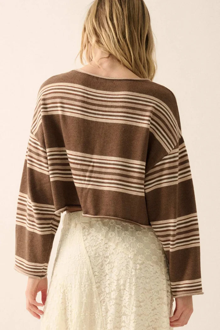 Level Best Striped Rolled-Edge Cropped Sweater - ShopPromesa