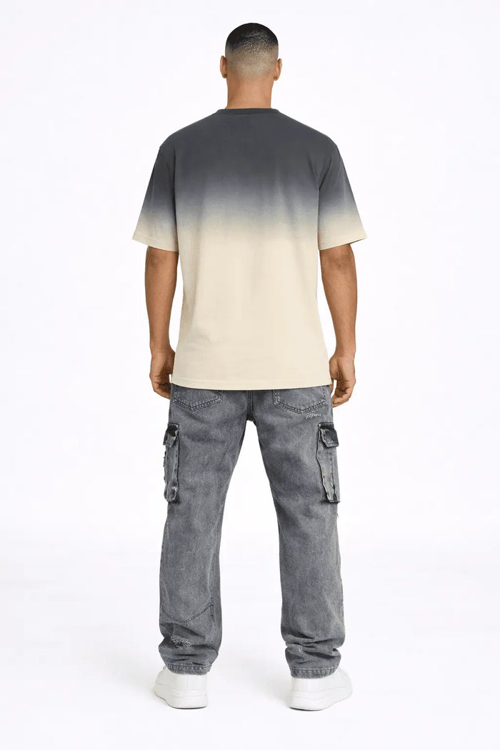 Rear view of Lewis grey washed baggy denim streetwear pants with cargo pockets and relaxed fit.