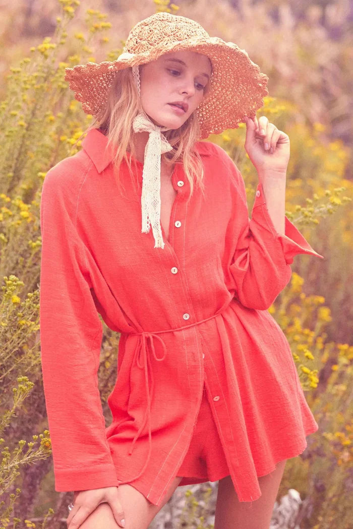 Life Story Textured Cotton Belted Shirt Romper - ShopPromesa