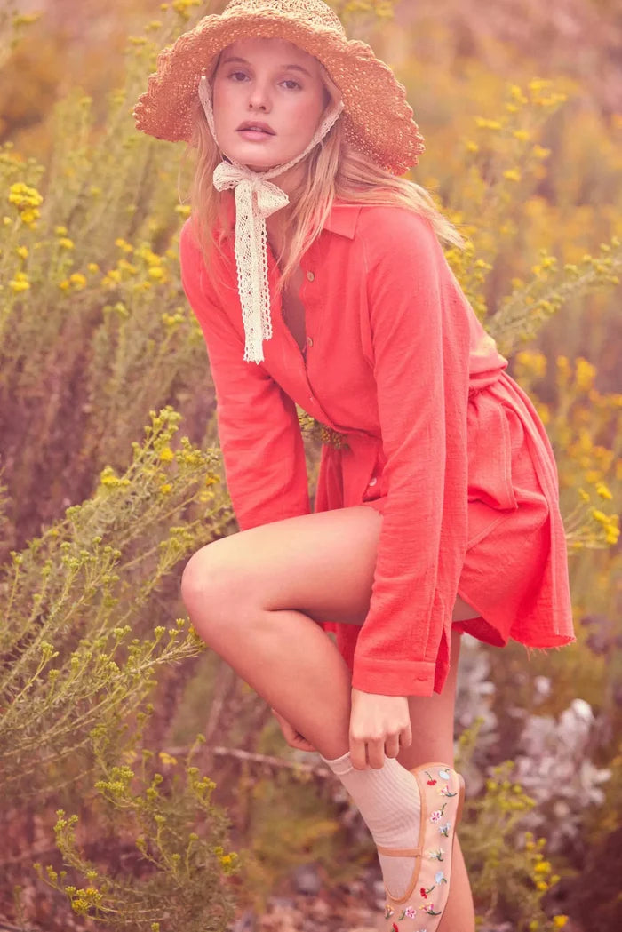 Life Story Textured Cotton Belted Shirt Romper - ShopPromesa