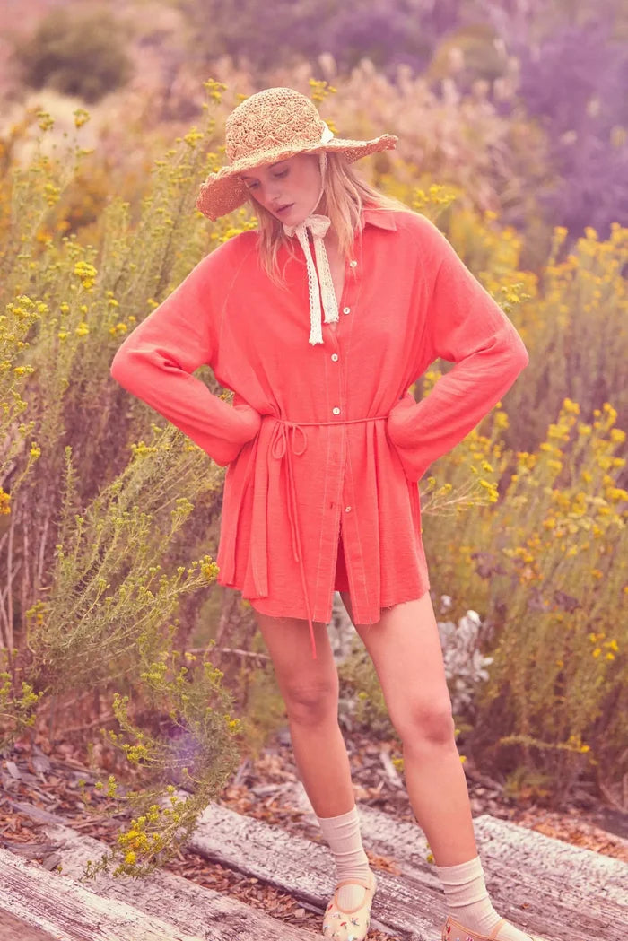 Life Story Textured Cotton Belted Shirt Romper - ShopPromesa
