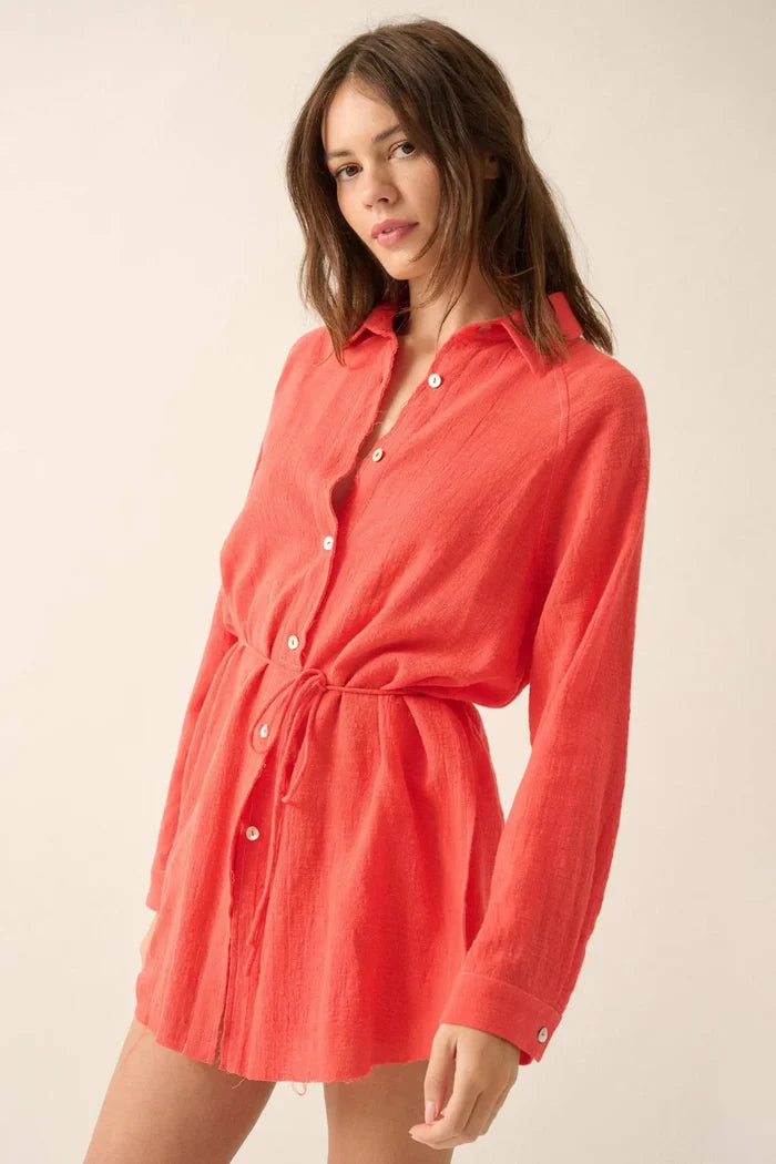 Life Story Textured Cotton Belted Shirt Romper - ShopPromesa