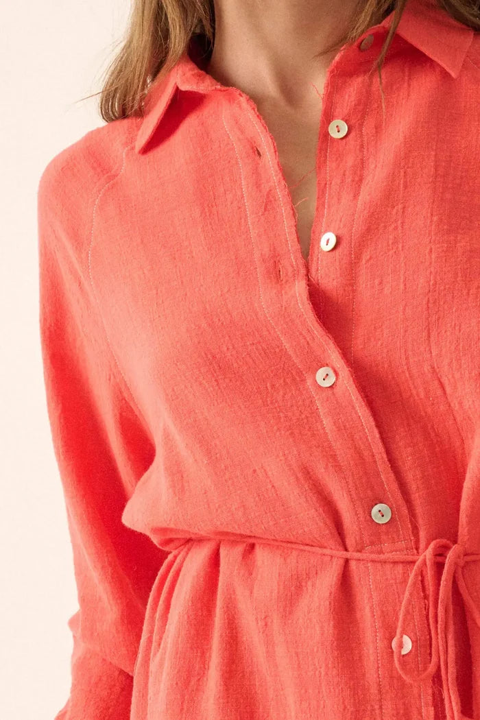 Life Story Textured Cotton Belted Shirt Romper - ShopPromesa