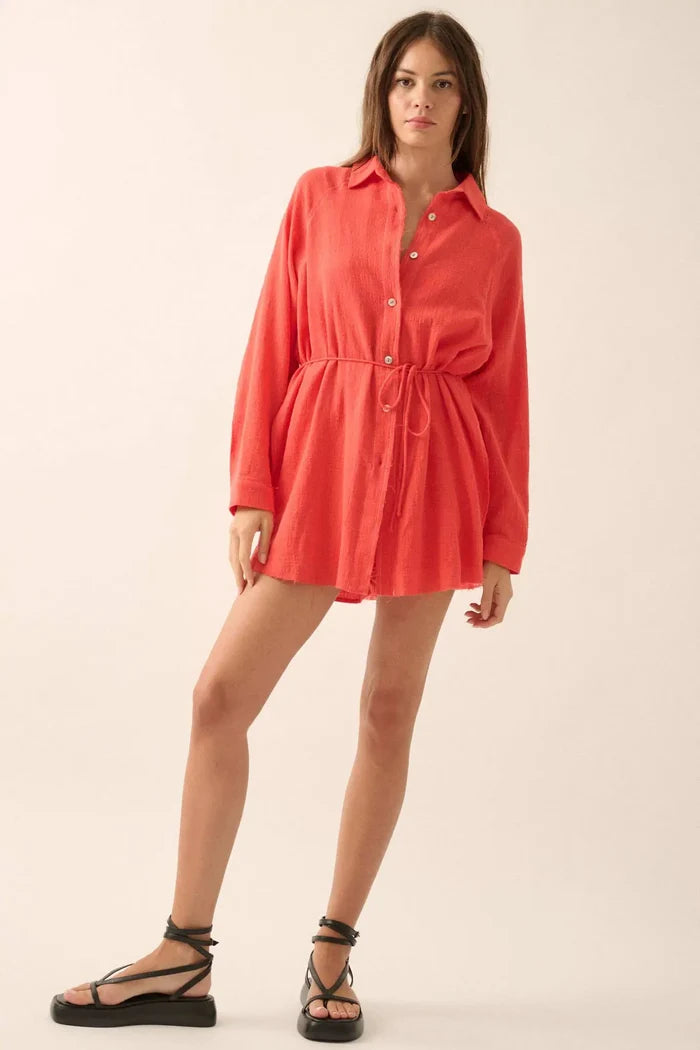 Life Story Textured Cotton Belted Shirt Romper - ShopPromesa