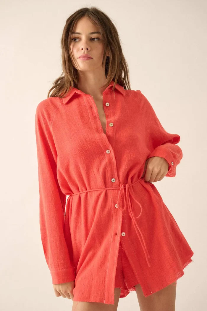 Life Story Textured Cotton Belted Shirt Romper - ShopPromesa