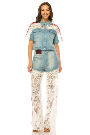 Light wash denim two-piece pant set with a matching short sleeve top and white crochet lace overlay on the wide-leg pants.
