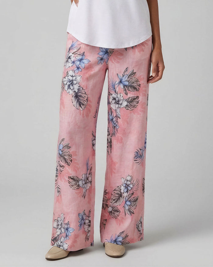 LILLIAN EXOTIC FLORAL CORAL WOMENS WIDE-LEG LINEN PANT