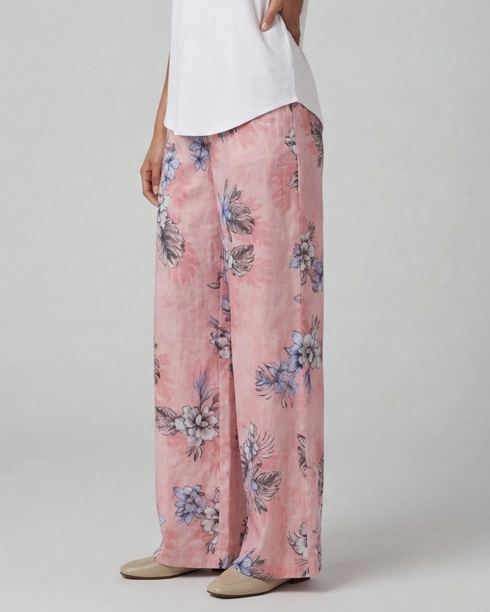 LILLIAN EXOTIC FLORAL CORAL WOMENS WIDE-LEG LINEN PANT