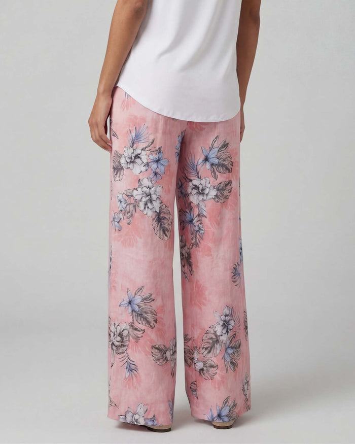 LILLIAN EXOTIC FLORAL CORAL WOMENS WIDE-LEG LINEN PANT