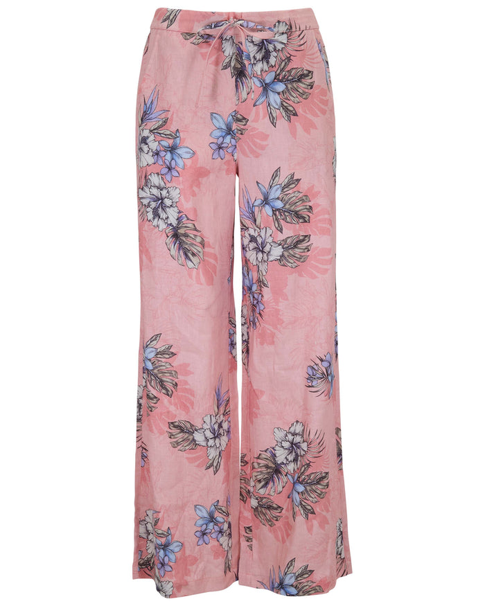 LILLIAN EXOTIC FLORAL CORAL WOMENS WIDE-LEG LINEN PANT