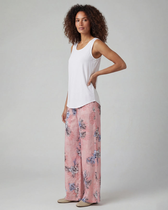 LILLIAN EXOTIC FLORAL CORAL WOMENS WIDE-LEG LINEN PANT