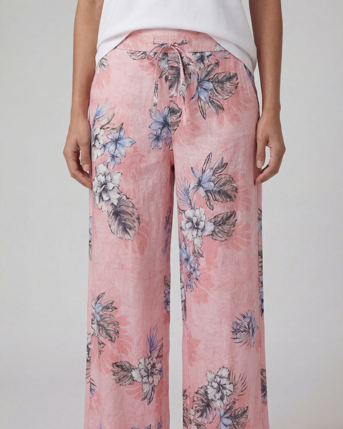 LILLIAN EXOTIC FLORAL CORAL WOMENS WIDE-LEG LINEN PANT