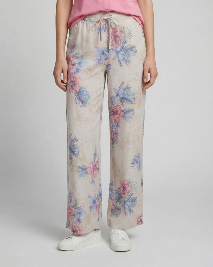 LILLIAN EXOTIC FLORAL NATURAL WOMENS WIDE-LEG LINEN PANT