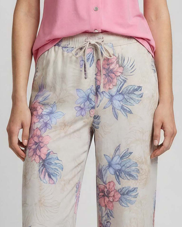 LILLIAN EXOTIC FLORAL NATURAL WOMENS WIDE-LEG LINEN PANT